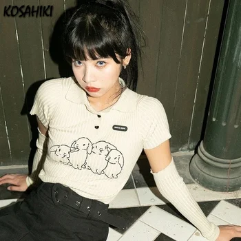 Kawaii הארנב הדפסה נשים גזורה Y2k אופנה מזדמן Harajuku וינטג ' אופנת רחוב עיצוב דק Bodycon E-הילדה חולצה