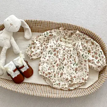 2023 סתיו התינוק החדש פרחוני בגד Cheongsam צווארון בנות חתיכה אחת תינוק שרוול ארוך אוברול כותנה פעוטה בגדים
