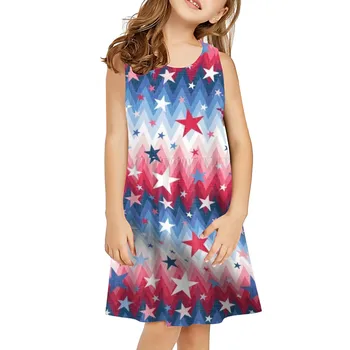 פעוטות ילדים ילדה הרביעי של יולי עצמאית יום כוכב הדפסי פסים ללא שרוולים כיסי צד Costome שמלת נסיכה לבדוק את השמלה.