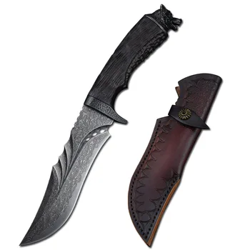VG10 דמשק פלדה ישר, סכין עם נדן עור קמפינג חיצוני ציד ההגנה זאב קבוע להב הסכינים לאדם.