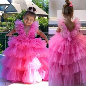 קפלים פרח שמלת ילדה ללא משענת שמלת הבנות בשכבות מסיבת חתונה שמלה חמוד לילדים יום הולדת הנסיכה שמלת ההתייחדות הראשונה