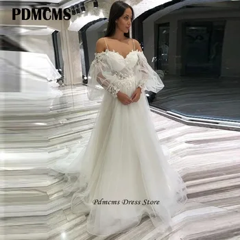 PDMCMS פאף שרוולים שמלות חתונה 2024 רומנטי רצועות ספגטי תחרה, טול פיות בוהו חתונה שמלות כלה Vestidos דה Noiva