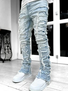 אירופה ואמריקה, רחוב אופנה גברים חדשים של ג 'ינס רגל ישרה מכנסיים פופולרי אלסטי תיקון ג' ינס ישר הרגל המכנסיים