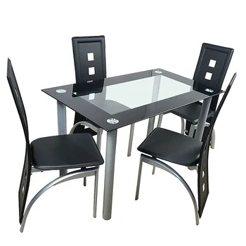 110cm שולחן אוכל להגדיר מזג זכוכית שולחן אוכל עם 4pcs כיסאות שקוף ושחור שולחן האוכל אוכל כיסא.