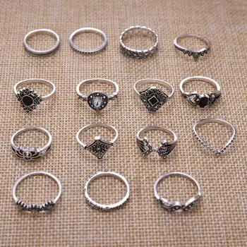 15PCS להגדיר אישיות גותי שחור טבעת פרח לנשים בציר פאנק קריסטל גיאומטרית הטבעות גברים היפ הופ רוק תכשיטים