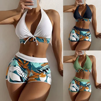 2023 חדש גבוהה המותניים סקסי שני חלקים של בגדי ים נשים בוקסר תחרה קיץ בגדי ים מודפסים בצבע מלא תפרים חוף בגדי ים
