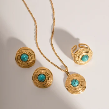 Youthway נירוסטה מעגל טבעי טורקיז, עגילים, שרשרת, טבעת סט 18K מצופה זהב אישיות תכשיטים מסיבת מתנה