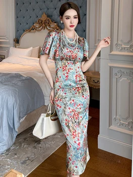 האופנה הקיץ רשמית ארוך עיפרון שמלת נשים אלגנטי יפה סאטן משובח הדפס שרוול קצר סלים Midi חלוק נשי Mujer Vestido