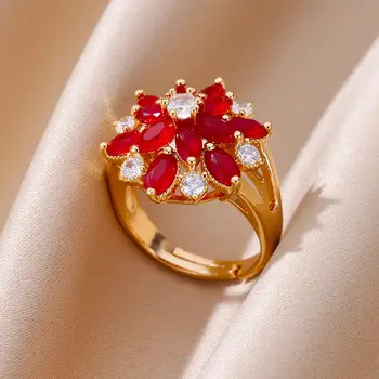 נירוסטה אדום פרח זירקון טבעות לנשים מצופה זהב אופנה טבעת בנות תכשיטים מתנה מסיבת חתונה אביזרים