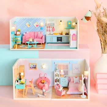 DIY עץ בתי בובות מיניאטורי בניית ערכות עם ריהוט מיני השינה מטבח Casa בובות צעצועים עבור בנות מתנות יום הולדת