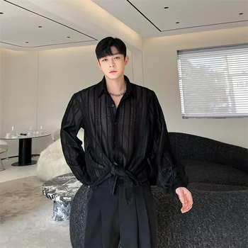 קוריאני שקוף שקוף בעיצוב מקורי של גברים חולצת שרוול ארוך איכות גבוהה אלגנטי נאה אופנתי 2023 אביב החדשה