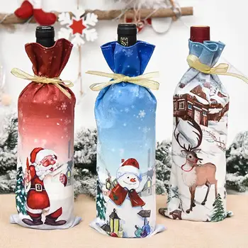 בקבוק יין כיסוי חג המולד סנטה שלג אייל שרוך שקית הממתקים עיצוב המסיבה