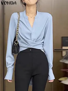 2023 וונדה אלגנטי Aymmetrical חולצות נשים סתיו מקסימום מזדמן קצר לפני קפלים זמן החולצה מוצק צבע תחבושת Blusas