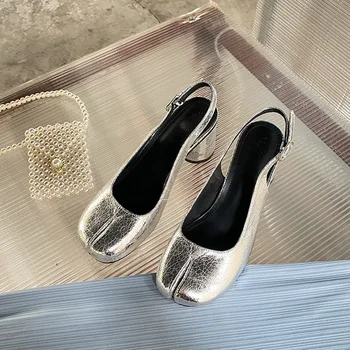 מעצב מפורסם מתפוצץ מכסף עור סנדלי נשים עגול עקבים גבוהים פרטיכם נעלי אישה לפצל את הבוהן slingback sandalias משאבות