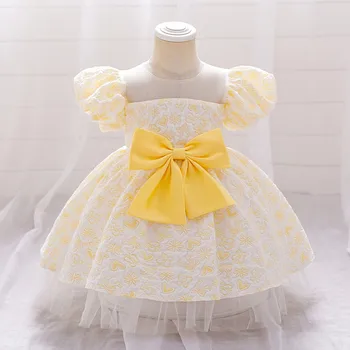 בנות תינוק יום הולדת להתלבש תינוק נפוחות שרוול הדפס Bowknot מסיבה תחרה קצרים פרח שמלת ילדה במשך 12 חודשים.