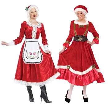 סנטה קלאוס ליל כל הקדושים תלבושות Cosplay קרנבל נשים בוגרות השנה החדשה בגדים אדומים+כובע S-XXL סינר העוזרת חג המולד, השמלה האדומה