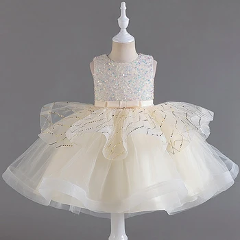 חדש שמפניה פרח בנות שמלות חתונות מסיבת גאלה טול נצנצים O-צוואר בלי שרוולים ילד יום ההולדת של הנסיכה שמלת 2023
