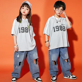 ילדים ביצועים תלבושות היפ הופ לבוש חולצת טי במצוקה קרע ג ' ינס בנות בנים בגיל ההתבגרות Kpop ריקוד תלבושת בגדי הבמה