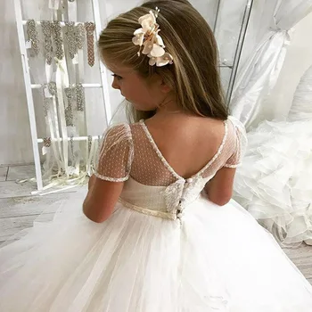 פרח יפה שמלת ילדה שרוולים קצרים טול שמלת נסיכת שמלת ילדה הראשונות קודש שמלת ילדה מסיבת חתונה התאמה אישית של השמלה