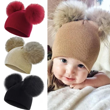 0 5 שנים תינוק כובע רך חם סרוגים תינוק כובע חמוד כפול פרווה Pompon כובעים עבה מכסה כובע פו הכובע