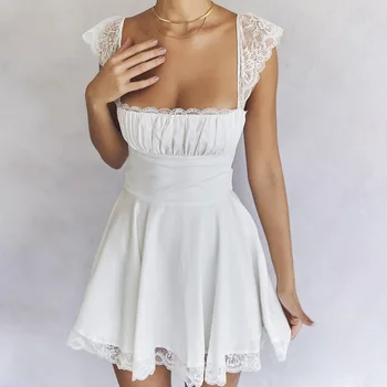 קיץ שמלה סקסית לנשים אופנה ללא שרוולים מחשוף גב חופשי אלגנטי שמלה לבנה תחרה רצועה מיני שמלות קצרות Vestido Clubwear