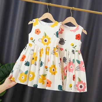 בנות קיץ שמלה חמודה פרחוני מודפס אפוד שמלת כותנה ללא שרוולים שמלת ילדות