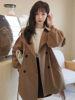 2023 אביב סתיו חדש קוריאני אופנה העליונה קפה קצר מעיל רוח מעיל נשי מוצק צבע רופף פנס שרוול מעיל נשים