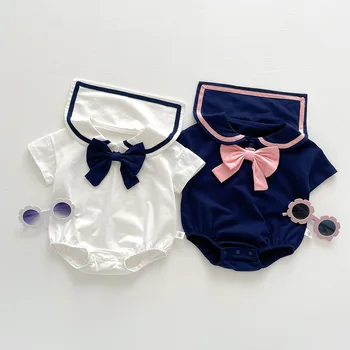 הקיץ הים התינוק רומפר Bowknot צבע ניגוד תינוק חמוד בנות נסיכה בגדים שרוול קצר קוריאנית כותנה תינוקות בגדי הגוף