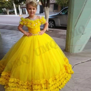 צהוב יוקרה שמלת נשף פעוטות פרח ילדה שמלות פרחים יום הולדת תחפושות צילום חתונה שמלת ההתייחדות הראשונה