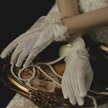 גמיש בנות אופנה גמישה אביזרים נשים חתונה כלה כפפות לפרוע לבן כפפות תחרה, כפפות קשת