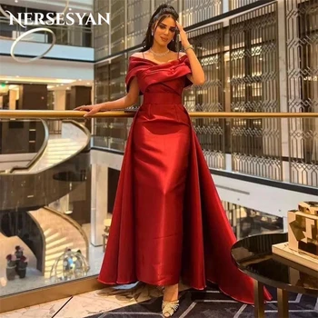 Nersesyan בתולת ים סאטן אדום רשמי שמלות ערב את כתף קפלים רצועות ספגטי סיום שמלות לנשף שמלת מסיבת