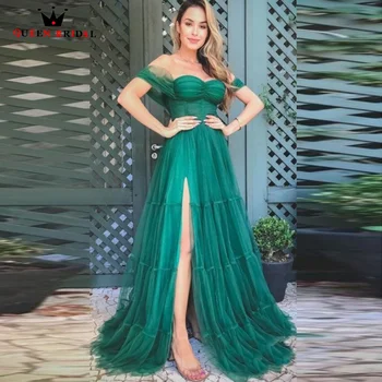 ירוק ערב השמלה כתף בשכבות חריץ טול קו-פורמלי שמלה עם פיצול נשף שמלת Vestidos דה לפסטה תוצרת אישית