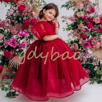 פשוט אדום פרח ילדה שמלות צוואר עגול, שרוולים קצרים נפוח טול שמלת נסיכת יום ההולדת שמלת ההתייחדות הראשונה ללבוש.