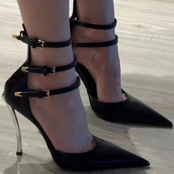 עקב גבוה של נשים האביב סגנון חדש ישר כפתור מתכת דק העקב אופנה מגוונים שחור אישית הצביע נעליים בודד