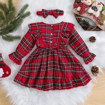 פעוטות בנות חג המולד, השמלה קפלים שרוול ארוך משובץ הדפס השמלה הילד חג שמלה עם סרט
