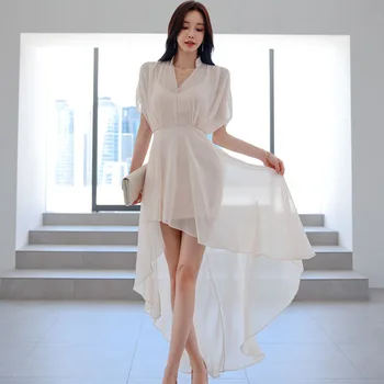 2023 קיץ אופנה שיפון סדיר ארוך שמלה קוריאנית מעצב הנשים צוואר V קצר השרוול גבוה המותניים המשרד משתלב Vestidos
