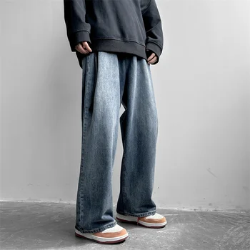גברים של צבע טהור מטען ג 'ינס פשוטים כל-התאמה רחבה הרגל המכנסיים מכנסיים גברים היפ הופ אופנת רחוב בציר אופנה ג' ינס מקרית B12