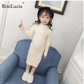 RiniLucia ילדים בגדים תלבושות 2023 תינוק חדש בנות שמלות סתיו, חורף מוצק שרוול ארוך שמלה סרוגה עבור 2-7 שנים ילדה