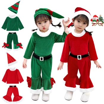 אופנת החורף לילדים חג המולד קטיפה סנטה קלאוס קבוצה בגדי ילדים חג המולד תינוק ילדה המסכות הבמה לשחק צילום תלבושת