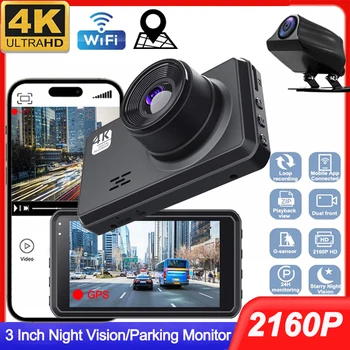 4K, מצלמה קדמית עם GPS Dash Cam עבור מכוניות WIFI רכב DVR מקליט וידאו מצלמה אחורית עבור חניה לרכב צג
