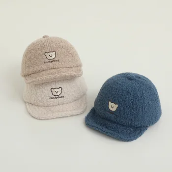 צבע מוצק דוב כובע לתינוק חורף חם קטיפה כובע מצחיה קוריאנית דוב רקום תינוק פעוט צמר כובעי 아기모자