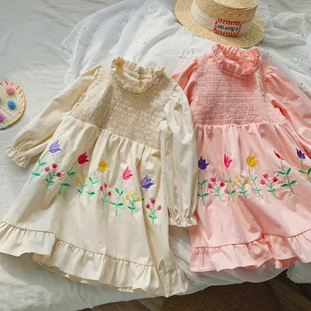 2-8 שנים ילדה שמלה 2023 סתיו קוריאנית בגדי ילדים פרח מתוק רקמת שמלת נסיכת כותנה ילדים הלבוש
