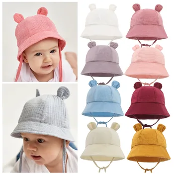 תינוק כותנה כובע השמש הילדים החדשים חיצונית אוזן ארנב החוף כובעי ילד ילדה הדפסה פנמה כובע יוניסקס החוף דלי הכובע על 3-12 חודשים