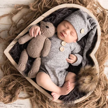 היילוד צילום בגדים סרוגים משולש רומפר כדור שיער מעוצב זנב ארוך קאפ שני חלקים חליפת אוברול לתינוק + כובע