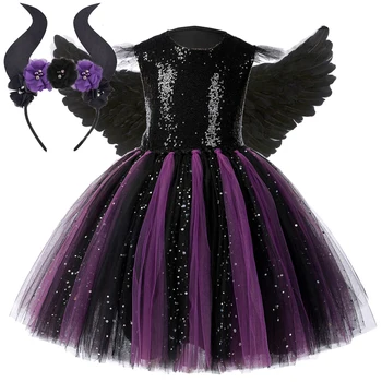 נוצץ שחור סגול מלפיסנט תחפושות לילדים בנות קרנבל פורים טוטו השמלה המכשפה הרעה תלבושת עם פרח קרניים, כנפיים