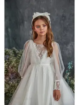 אופנה תחרה, סאטן, תחרות פרח ילדה שמלת חתונה שרוולים ארוכים קו-ילדים הטקס הראשון ערב שמלת נשף בהזמנה אישית