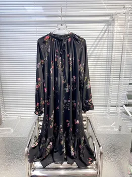 החלק העליון ליידי אופנה משי מודפס זמן קצף שרוול לעמוד צווארון סלים שמלה נשים אלגנטי קו גבוהה המותניים שמלה לנשף שמלת