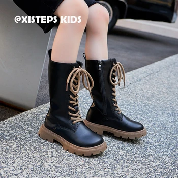מסוגנן מגפי עור לילדים, נערות אמצע שוק שרוכים אופנה מגפיים שחורים Botas Infantil נעלי פעוט עבור בנות 3-12Y החורף