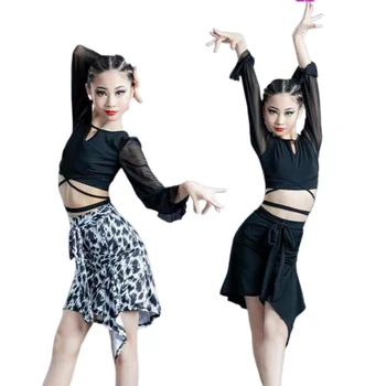 בנות עם הדפס מנומר לטיניים סלוניים ריקודים, תחרות תחפושות רשת ילדים שחורים סלסה מודרנית הלטינית אימון Dancewear השמלה