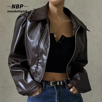 NEONBABIPINK תסגור עור PU מעיל וינטג ' רחוב אופנה הלבשה עליונה נשים סתיו חורף מעילים חומים N33-CH30